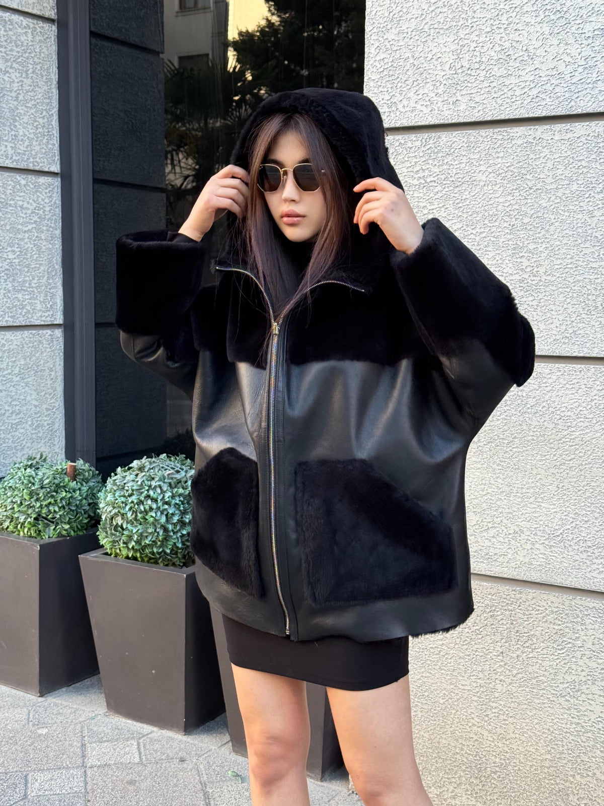 Black Reversible Shearling Coat, Women’s Handmade Short Lamb Fur Jacket