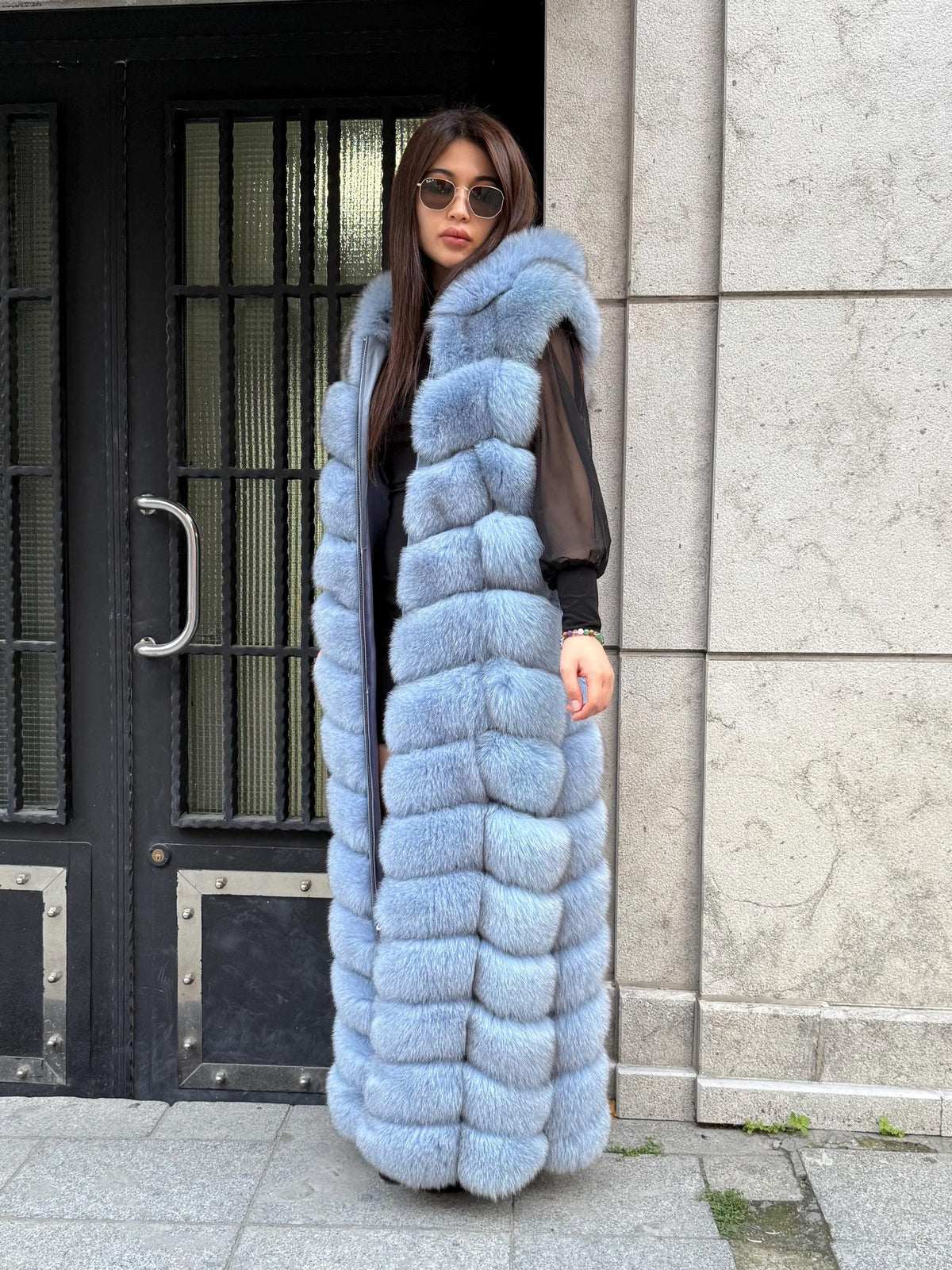 Blue Long Fox Fur Vest, Fox Fur Gilet, Beige Fox Fur Vest, Women Fox Fur Jacket, Long Fox Fur Jacket_- Fox Fur