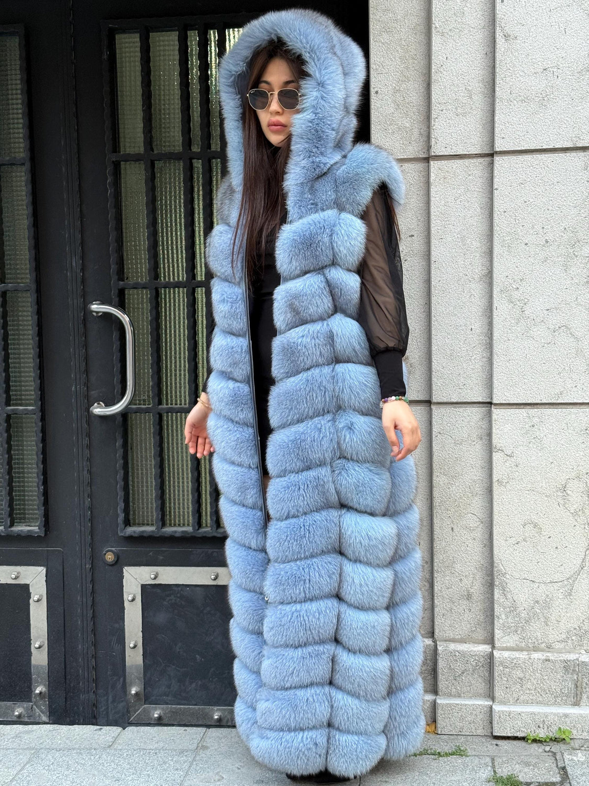 Blue Long Fox Fur Vest, Fox Fur Gilet, Beige Fox Fur Vest, Women Fox Fur Jacket, Long Fox Fur Jacket_- Fox Fur