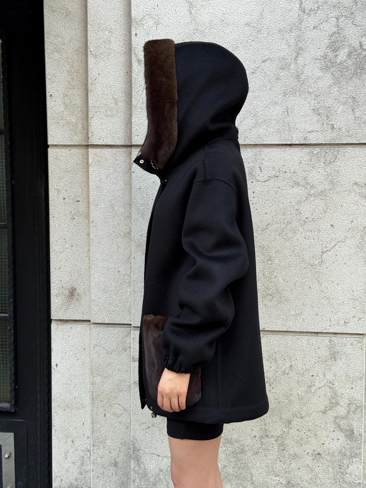 Black Women’s Zibellino Alpaca Jacket, Short Hood Pocket Mink Fur Trim Virgin Wool Coat