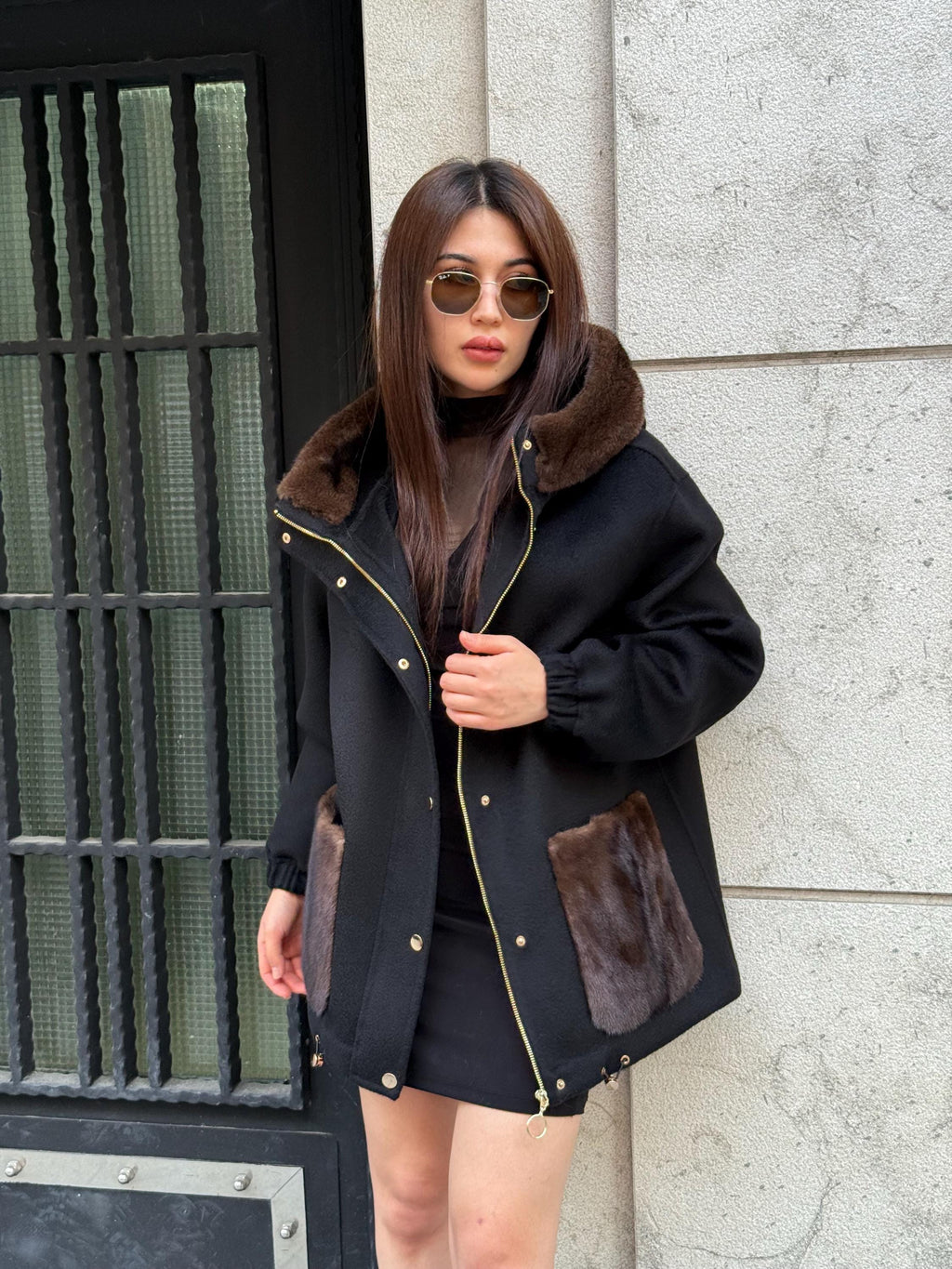 Black Women’s Zibellino Alpaca Jacket, Short Hood Pocket Mink Fur Trim Virgin Wool Coat