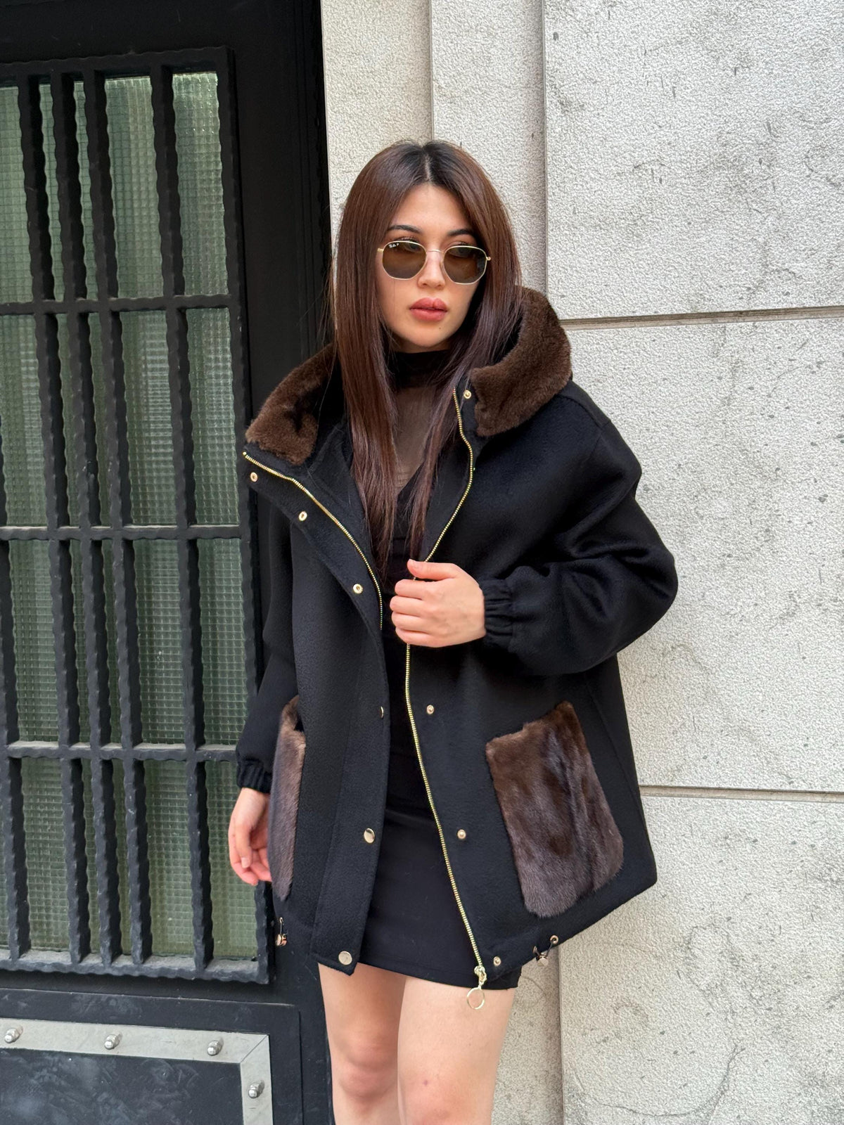 Black Women’s Zibellino Alpaca Jacket, Short Hood Pocket Mink Fur Trim Virgin Wool Coat