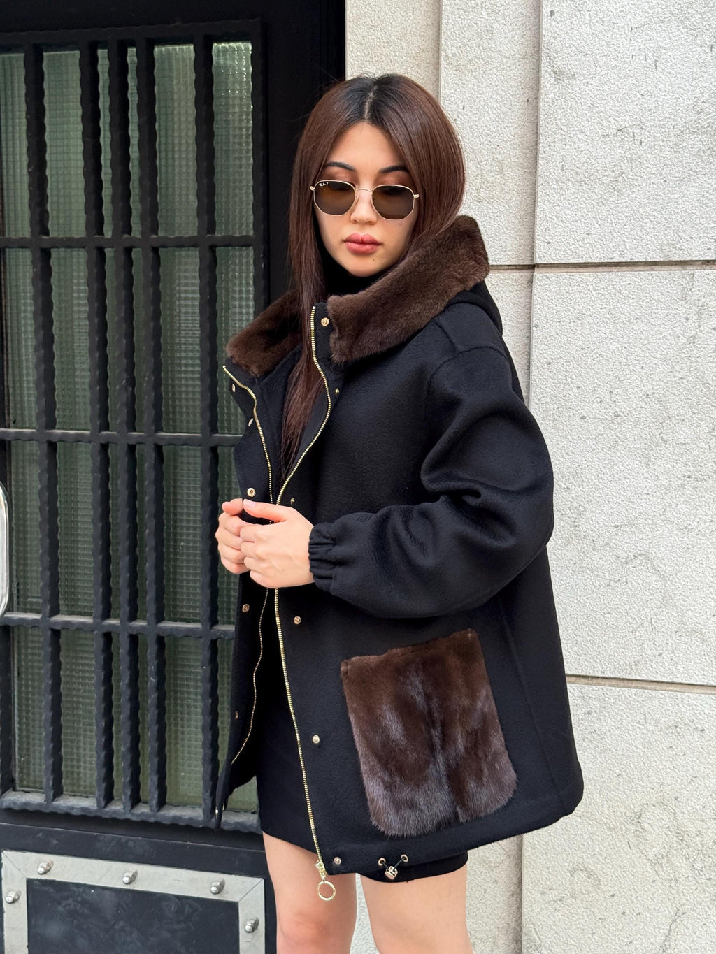 Black Women’s Zibellino Alpaca Jacket, Short Hood Pocket Mink Fur Trim Virgin Wool Coat