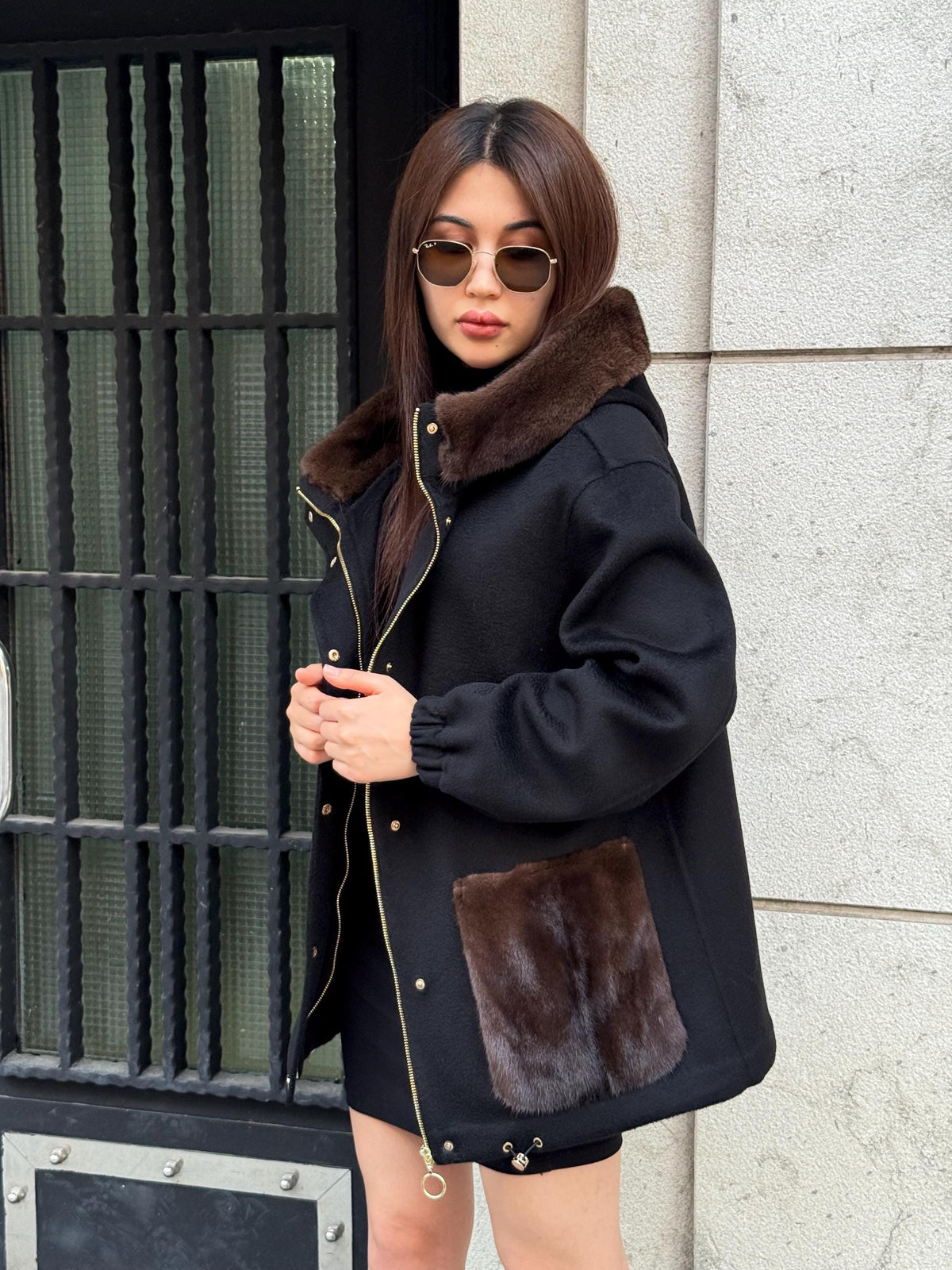 Black Women’s Zibellino Alpaca Jacket, Short Hood Pocket Mink Fur Trim Virgin Wool Coat