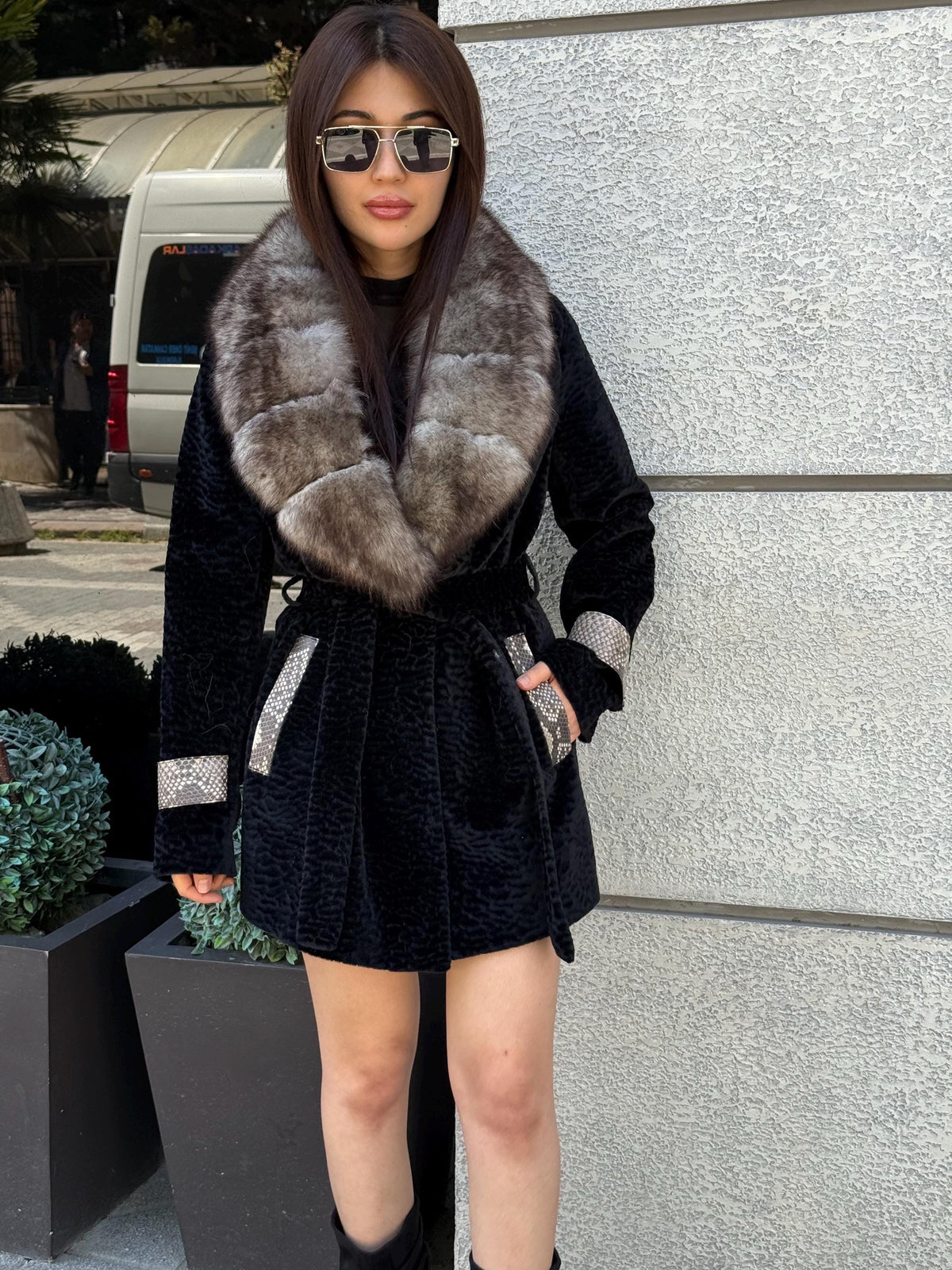 Black Faux Astrakhan Jacket,Women’s Collar Genuine Fox Fur Coat , & Real Python
