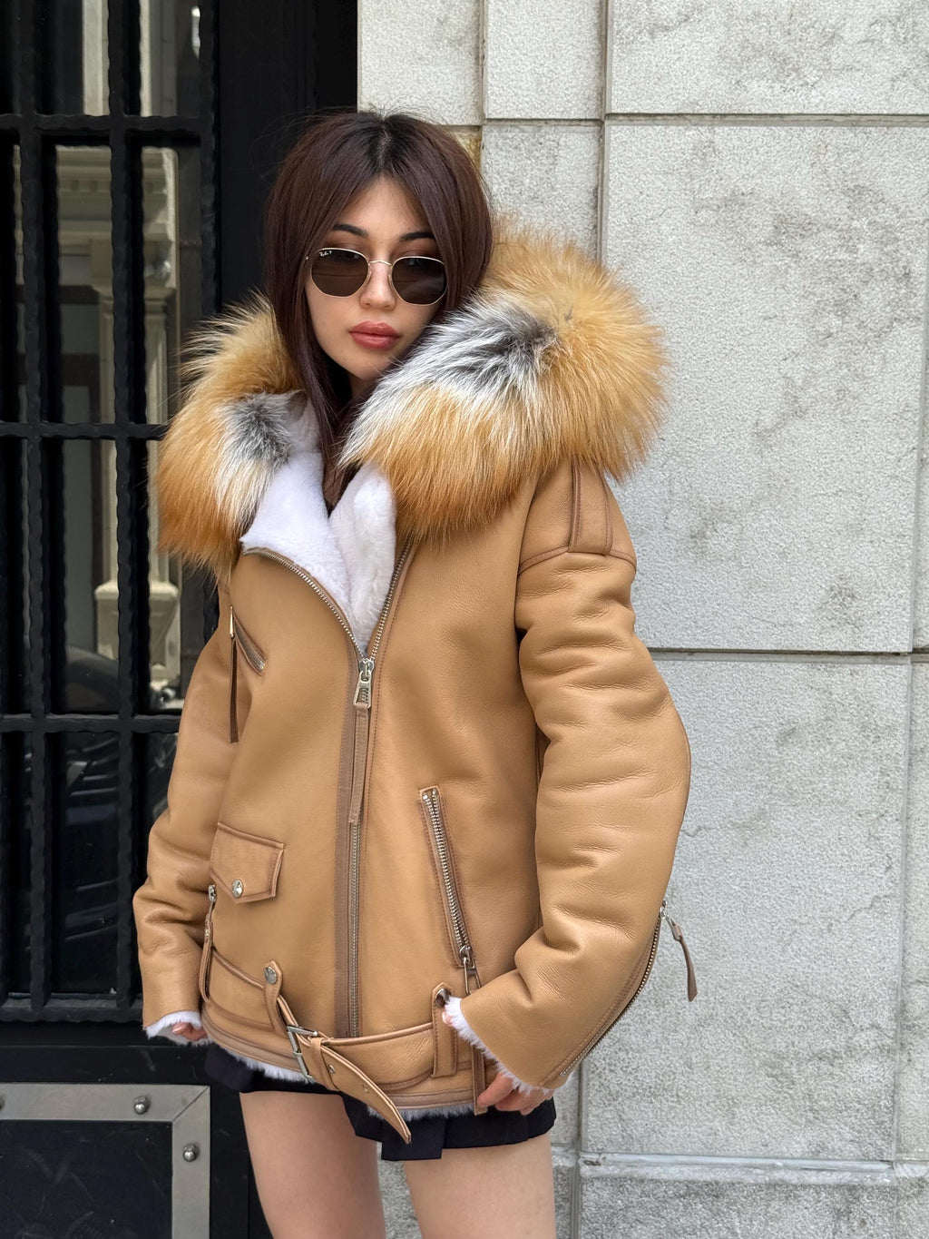 Mustard Women’s Shearling Coat, Handmade Lambskin Short Hood - Fox Fur Jacket