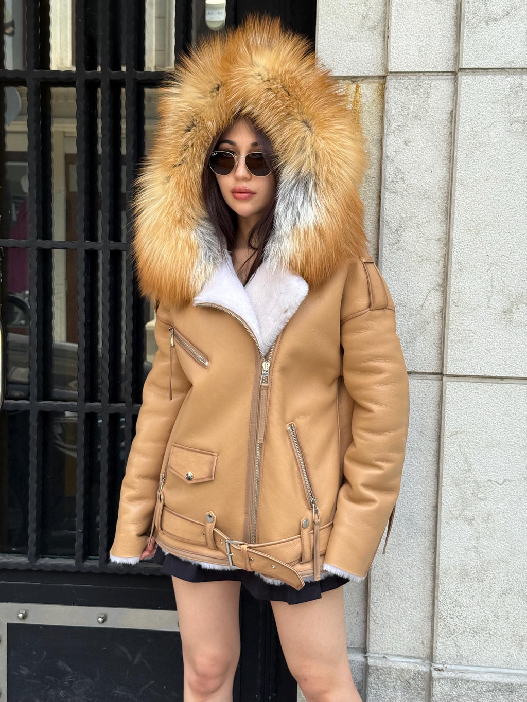 Mustard Women’s Shearling Coat, Handmade Lambskin Short Hood - Fox Fur Jacket