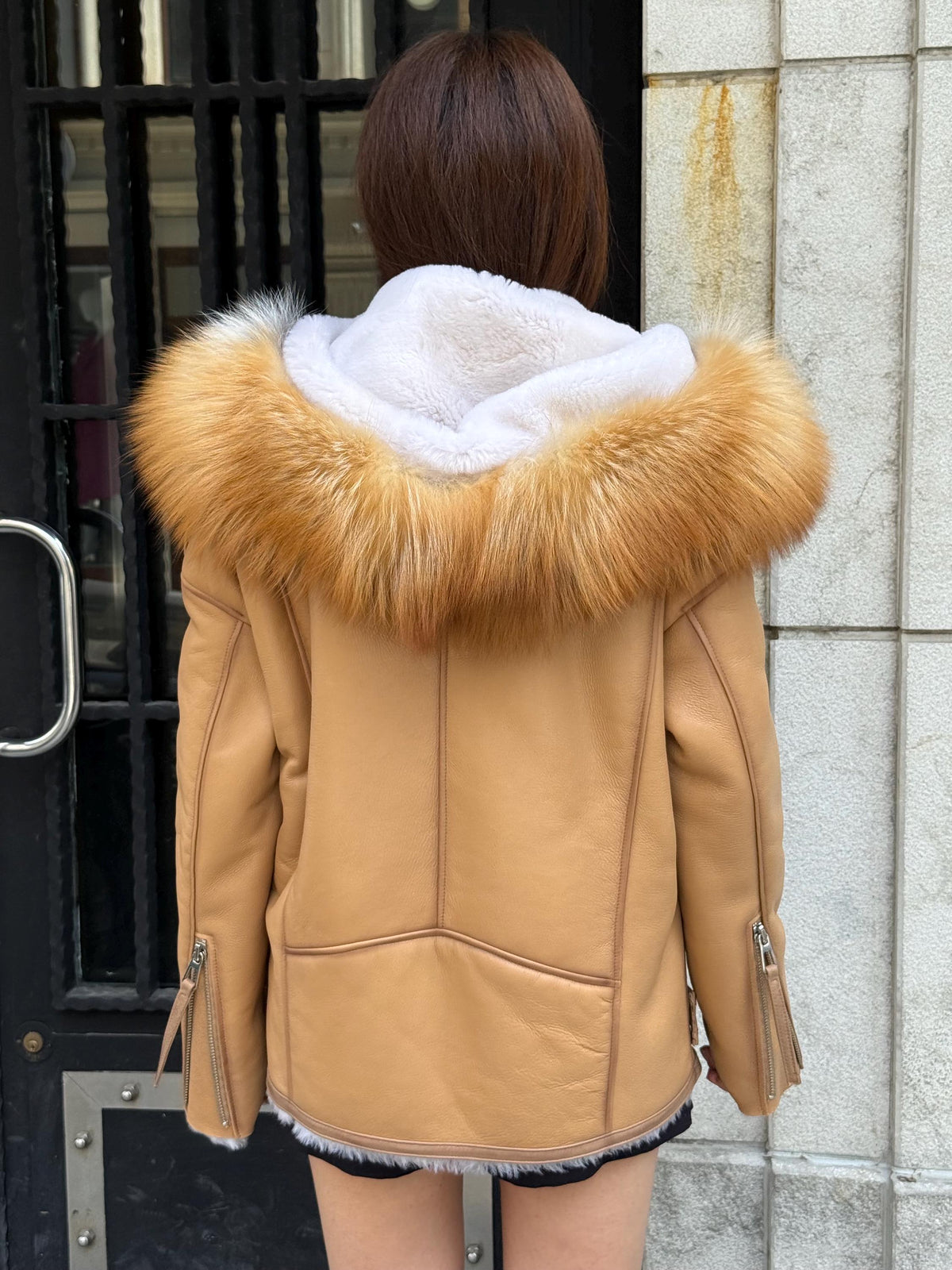 Mustard Women’s Shearling Coat, Handmade Lambskin Short Hood - Fox Fur Jacket