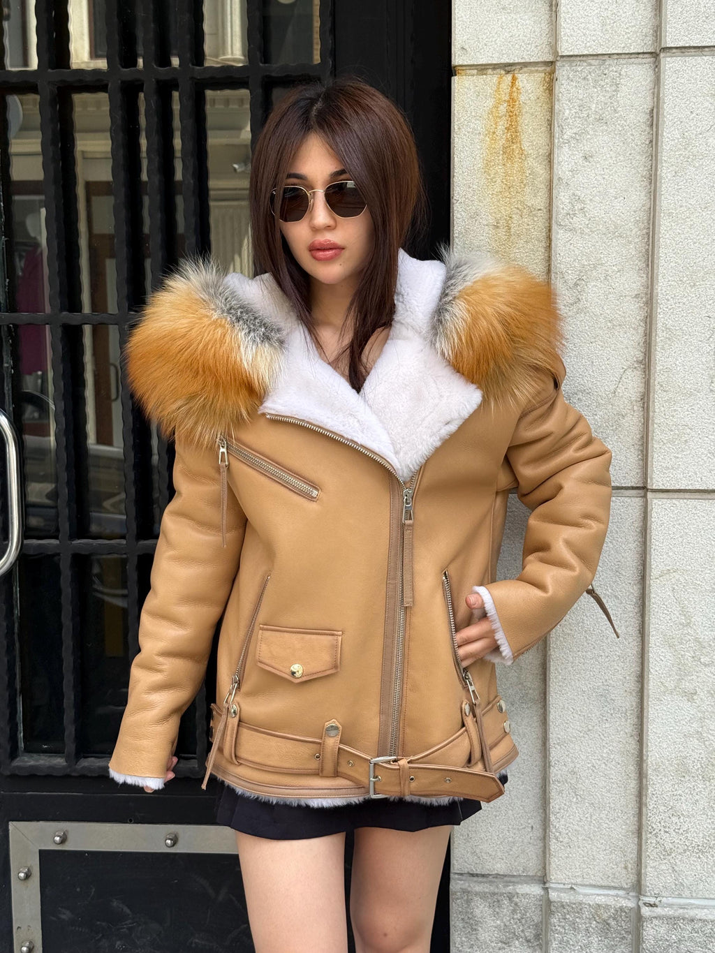 Mustard Women’s Shearling Coat, Handmade Lambskin Short Hood - Fox Fur Jacket