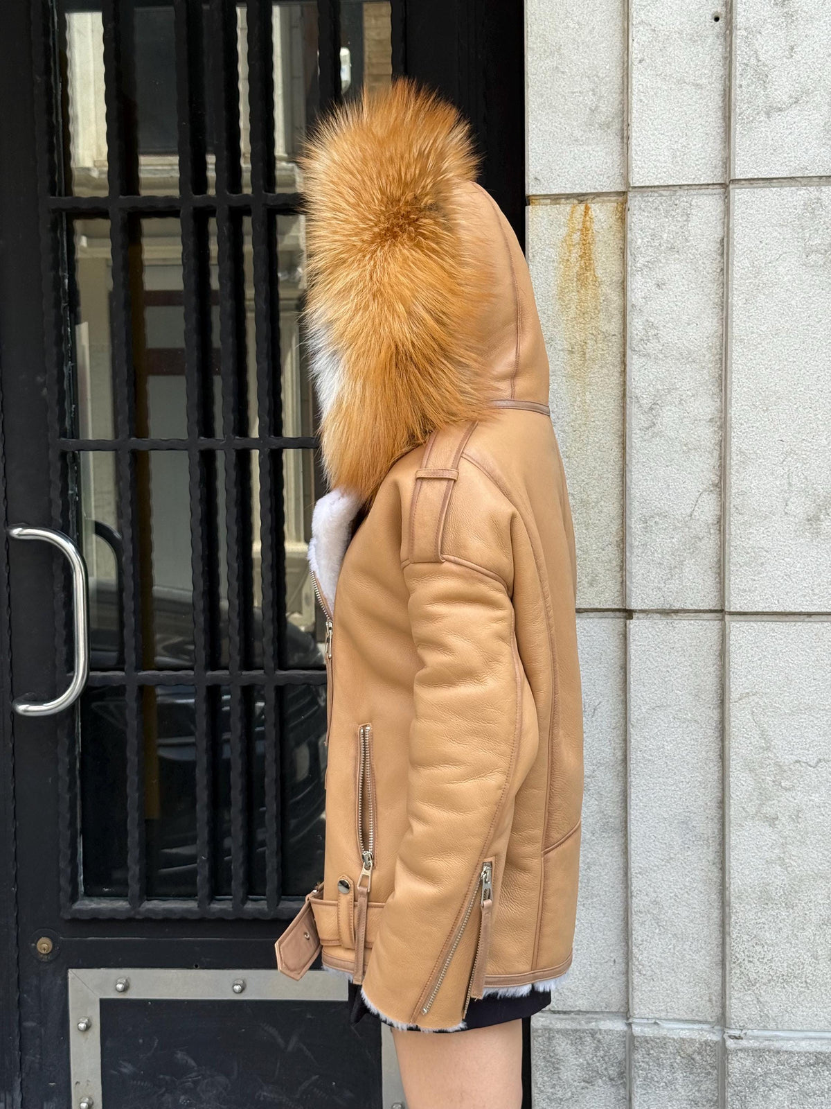 Mustard Women’s Shearling Coat, Handmade Lambskin Short Hood - Fox Fur Jacket