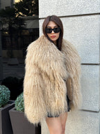 Luxury Camel Tibetan Fur Coat, Women Short Mongolian Lamb Fur Shaggy Jacket, Full Skin