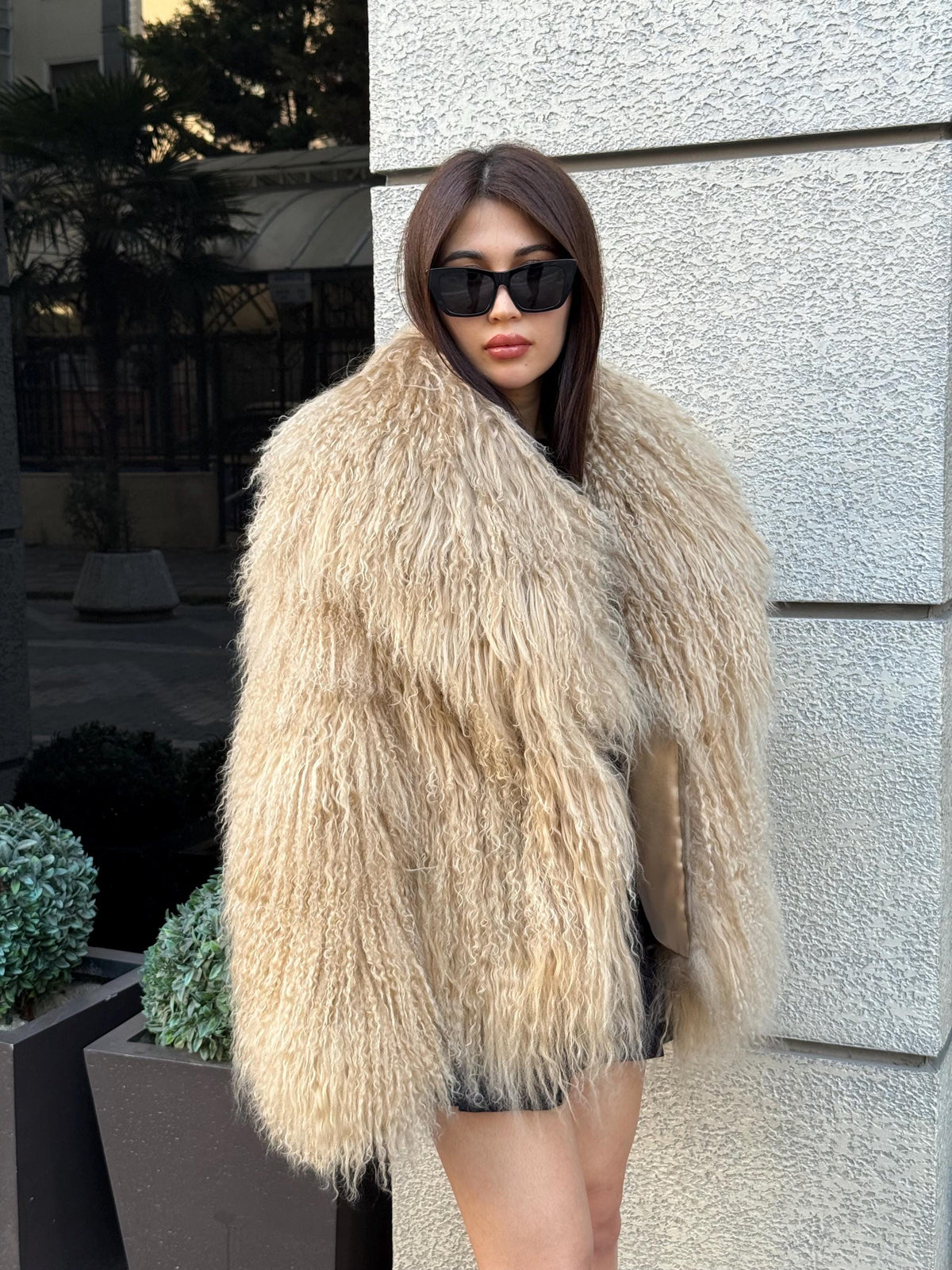 Luxury Camel Tibetan Fur Coat, Women Short Mongolian Lamb Fur Shaggy Jacket, Full Skin