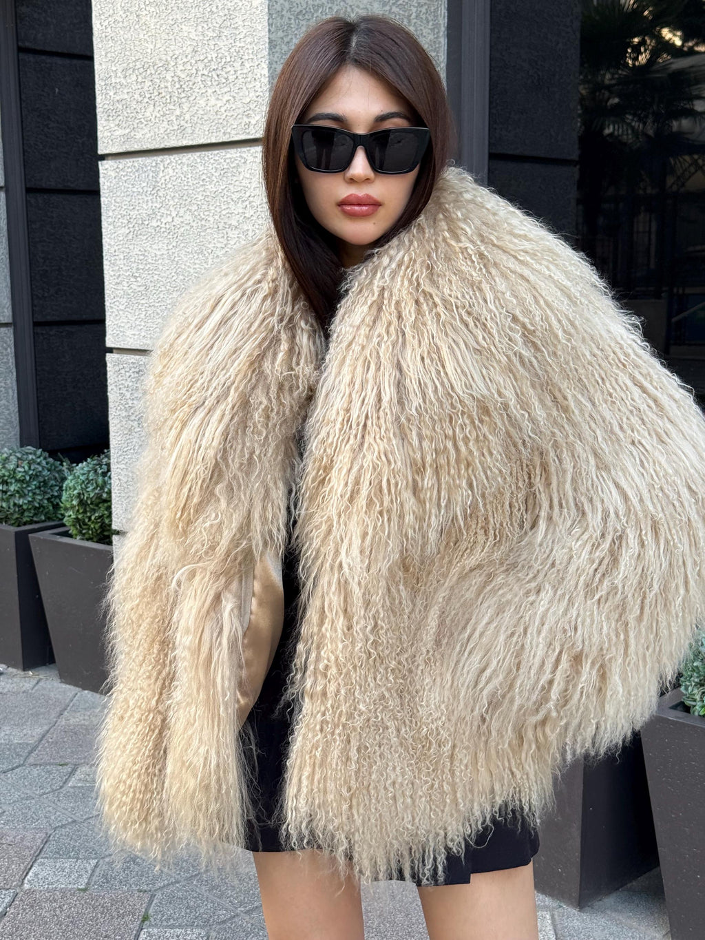 Luxury Camel Tibetan Fur Coat, Women Short Mongolian Lamb Fur Shaggy Jacket, Full Skin