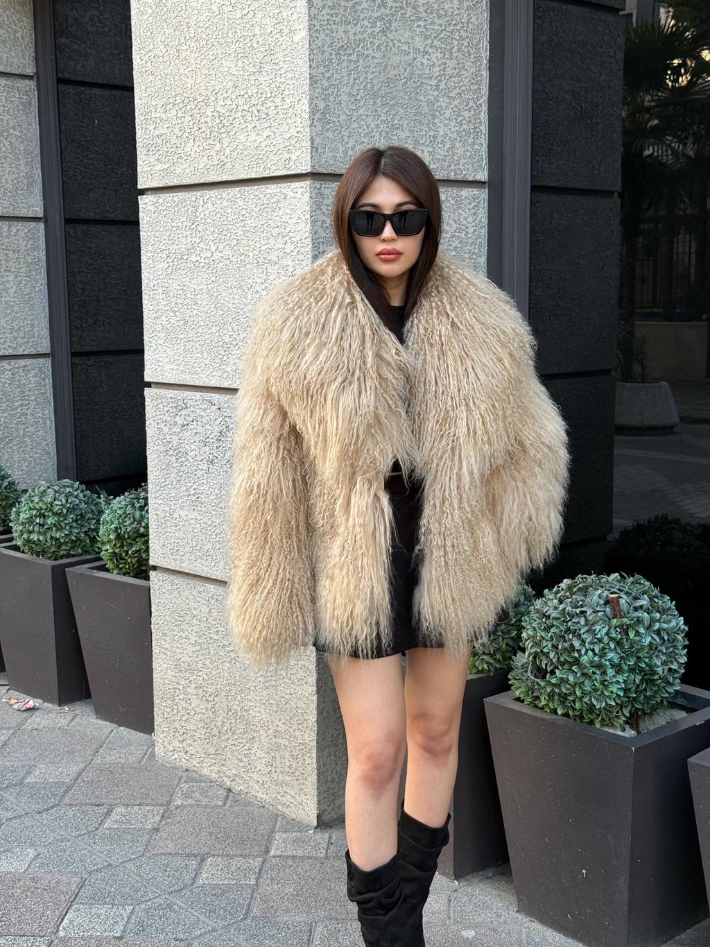 Luxury Camel Tibetan Fur Coat, Women Short Mongolian Lamb Fur Shaggy Jacket, Full Skin