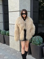 Luxury Camel Tibetan Fur Coat, Women Short Mongolian Lamb Fur Shaggy Jacket, Full Skin