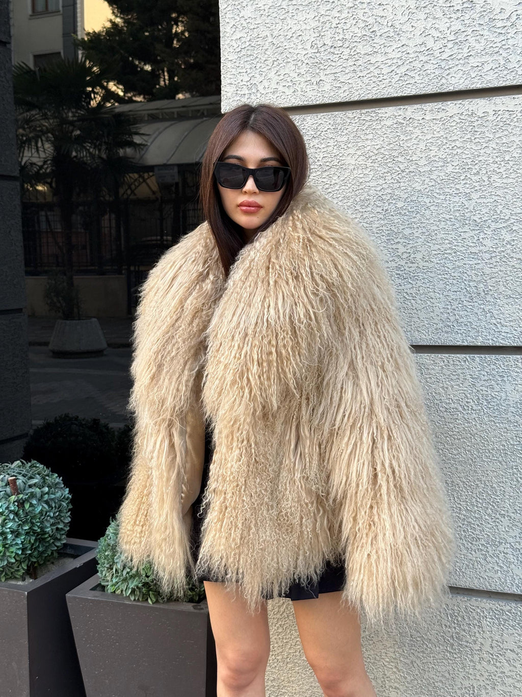 Luxury Camel Tibetan Fur Coat, Women Short Mongolian Lamb Fur Shaggy Jacket, Full Skin