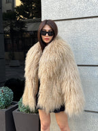 Luxury Camel Tibetan Fur Coat, Women Short Mongolian Lamb Fur Shaggy Jacket, Full Skin