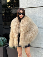 Luxury Camel Tibetan Fur Coat, Women Short Mongolian Lamb Fur Shaggy Jacket, Full Skin