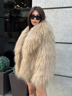 Luxury Camel Tibetan Fur Coat, Women Short Mongolian Lamb Fur Shaggy Jacket, Full Skin