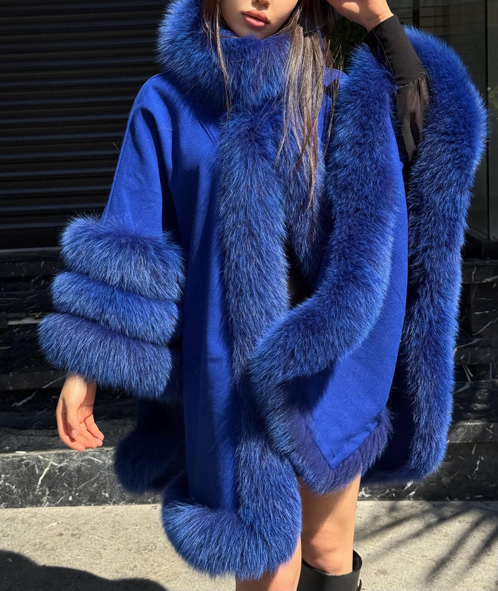 Sax Blue Wool Cashmere Cape Coat with Fox Fur Trim – Luxury Handmade Winter Wrap, Elegant Oversized Shawl Poncho, Plus Size Cloak