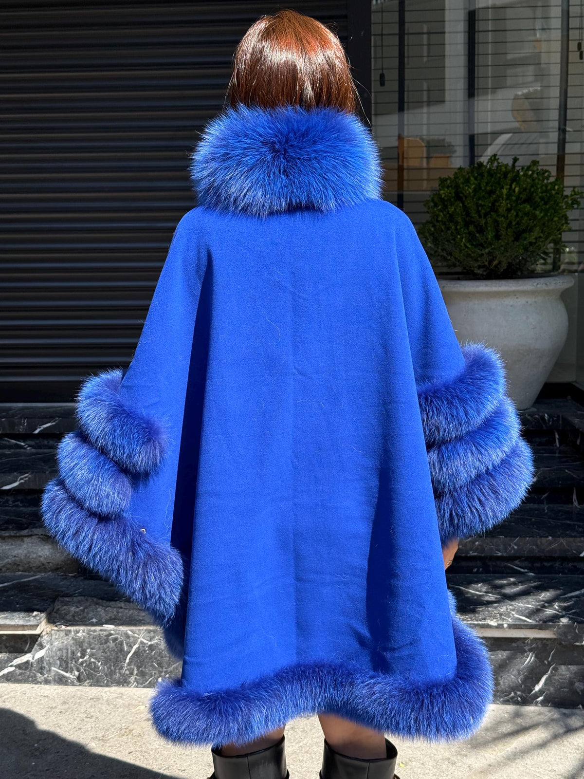 Sax Blue Wool Cashmere Cape Coat with Fox Fur Trim – Luxury Handmade Winter Wrap, Elegant Oversized Shawl Poncho, Plus Size Cloak
