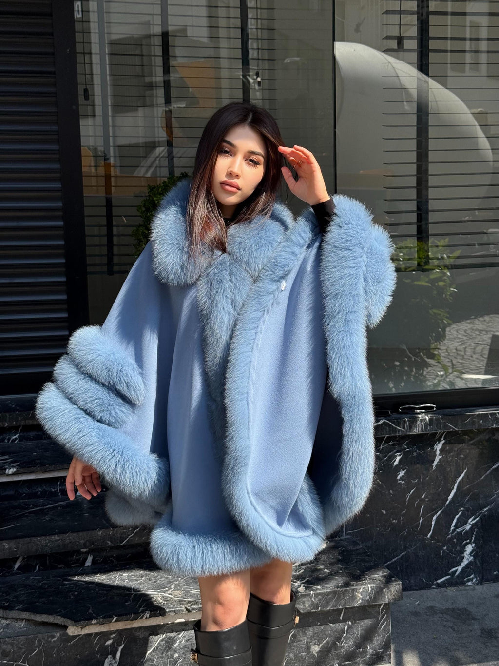 Blue & Green Wool Cashmere Cape Coat with Fox Fur Trim – Luxury Handmade Winter Wrap, Elegant Oversized Shawl Poncho, Plus Size Cloak