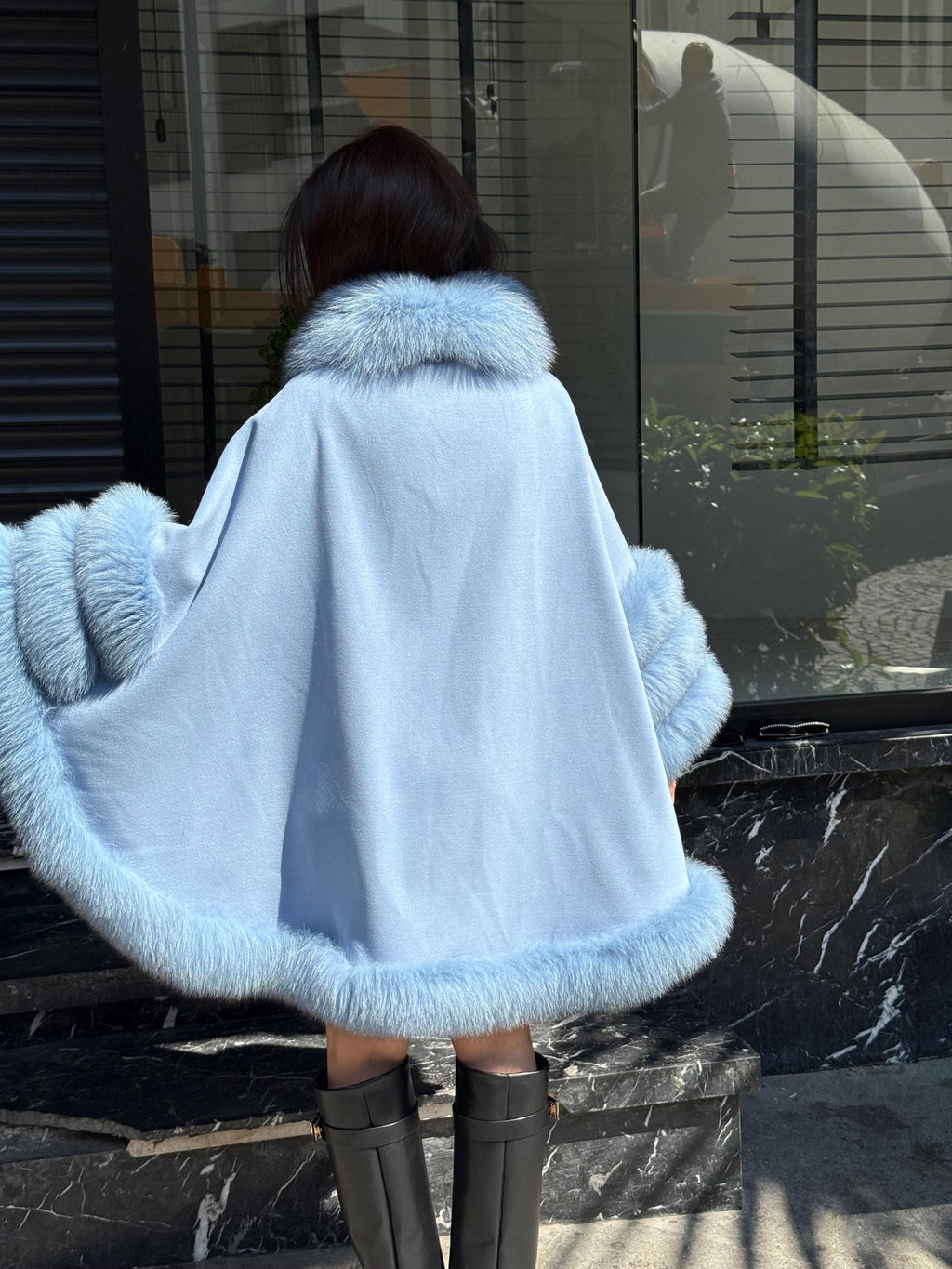 Blue & Green Wool Cashmere Cape Coat with Fox Fur Trim – Luxury Handmade Winter Wrap, Elegant Oversized Shawl Poncho, Plus Size Cloak