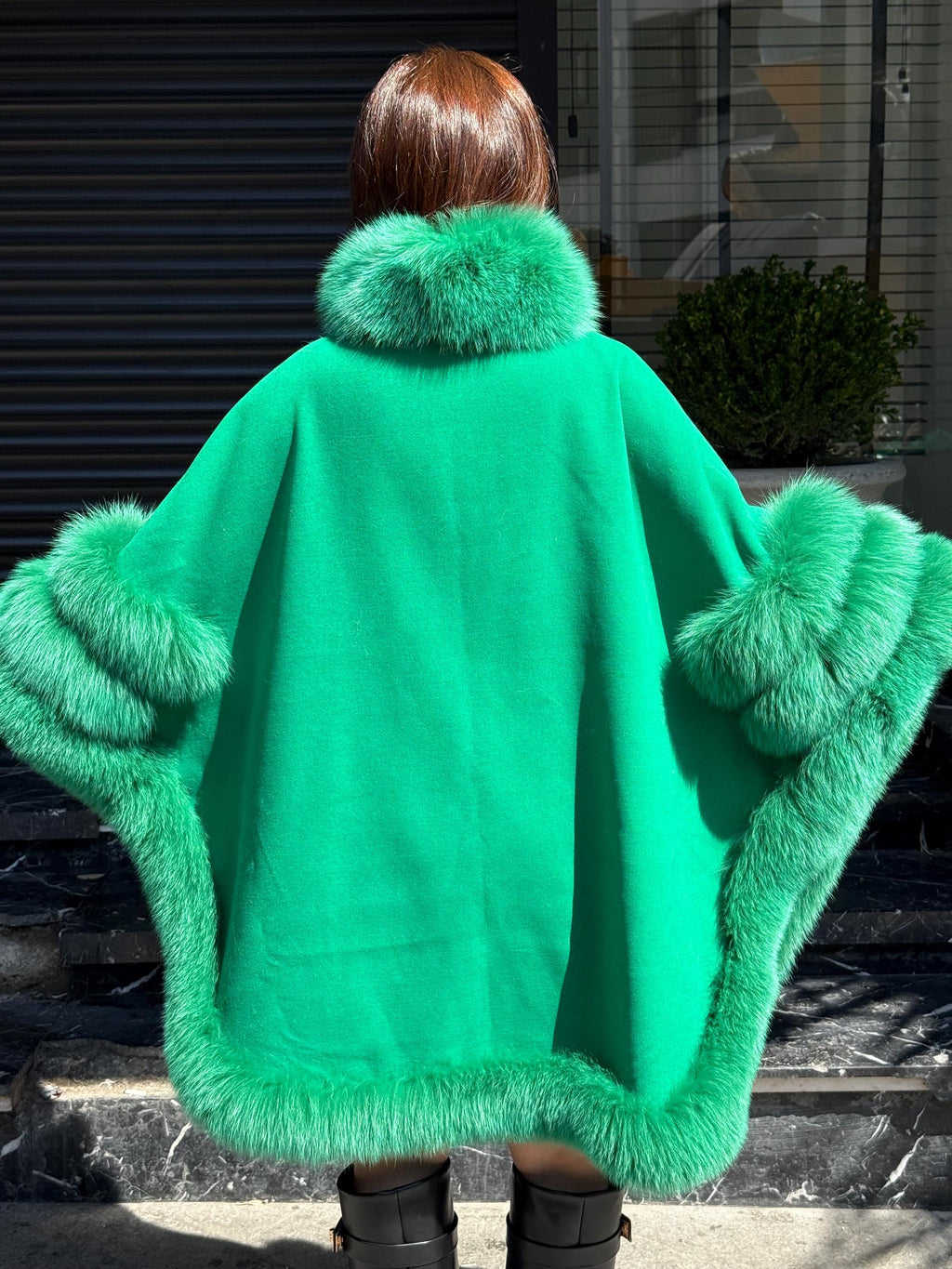 Blue & Green Wool Cashmere Cape Coat with Fox Fur Trim – Luxury Handmade Winter Wrap, Elegant Oversized Shawl Poncho, Plus Size Cloak