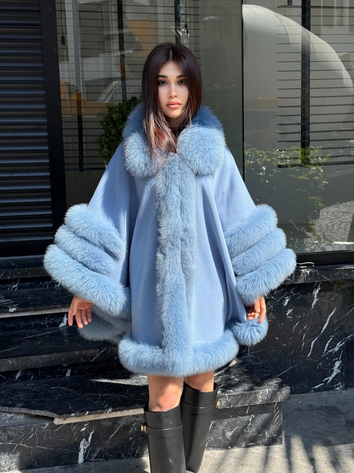 Blue & Green Wool Cashmere Cape Coat with Fox Fur Trim – Luxury Handmade Winter Wrap, Elegant Oversized Shawl Poncho, Plus Size Cloak