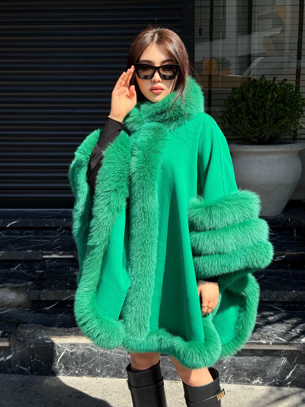 Blue & Green Wool Cashmere Cape Coat with Fox Fur Trim – Luxury Handmade Winter Wrap, Elegant Oversized Shawl Poncho, Plus Size Cloak