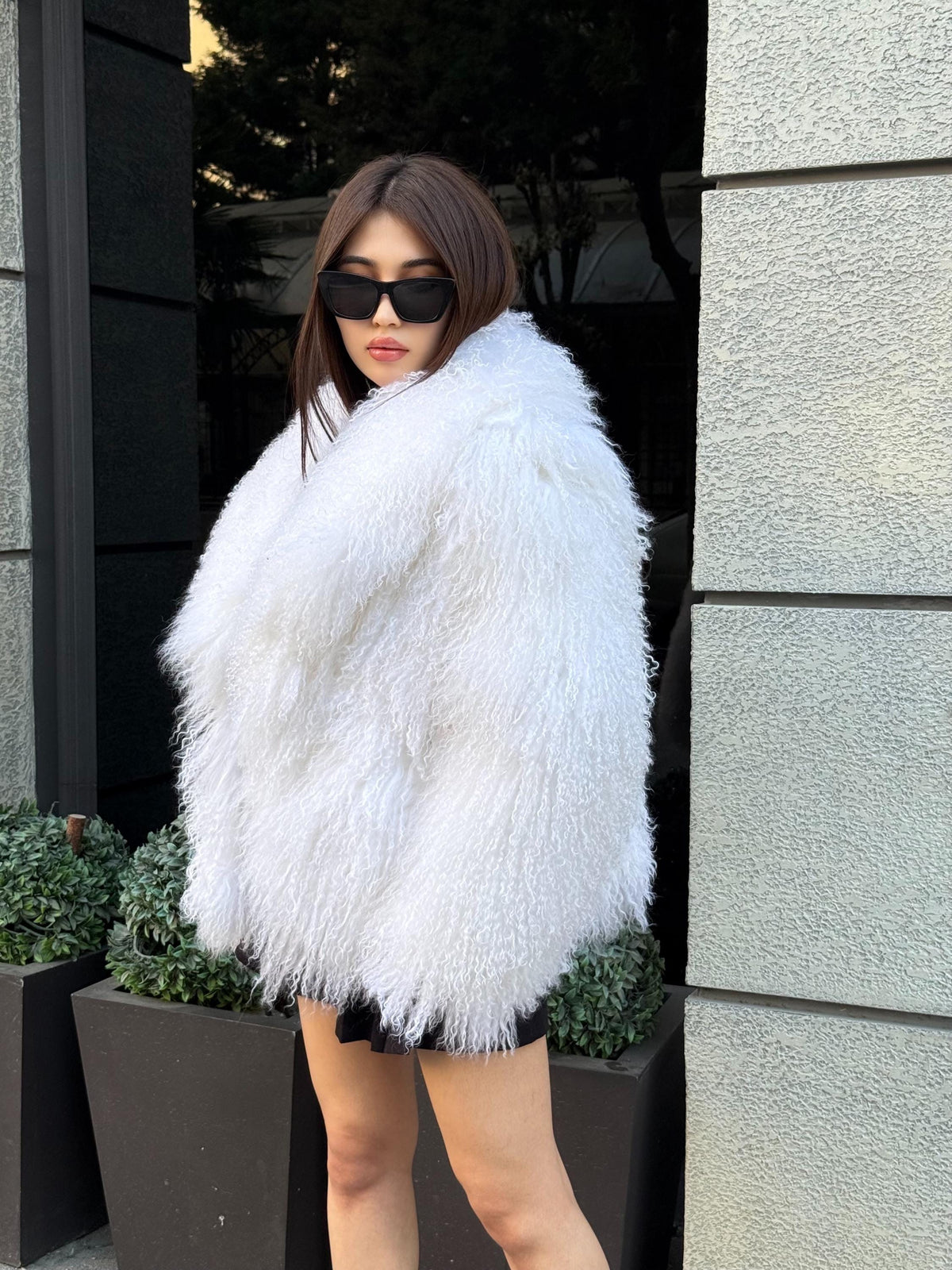 White Tibetan Fur Coat, Women’s Handmade Shaggy Mongolian Lamb Fur Jacket