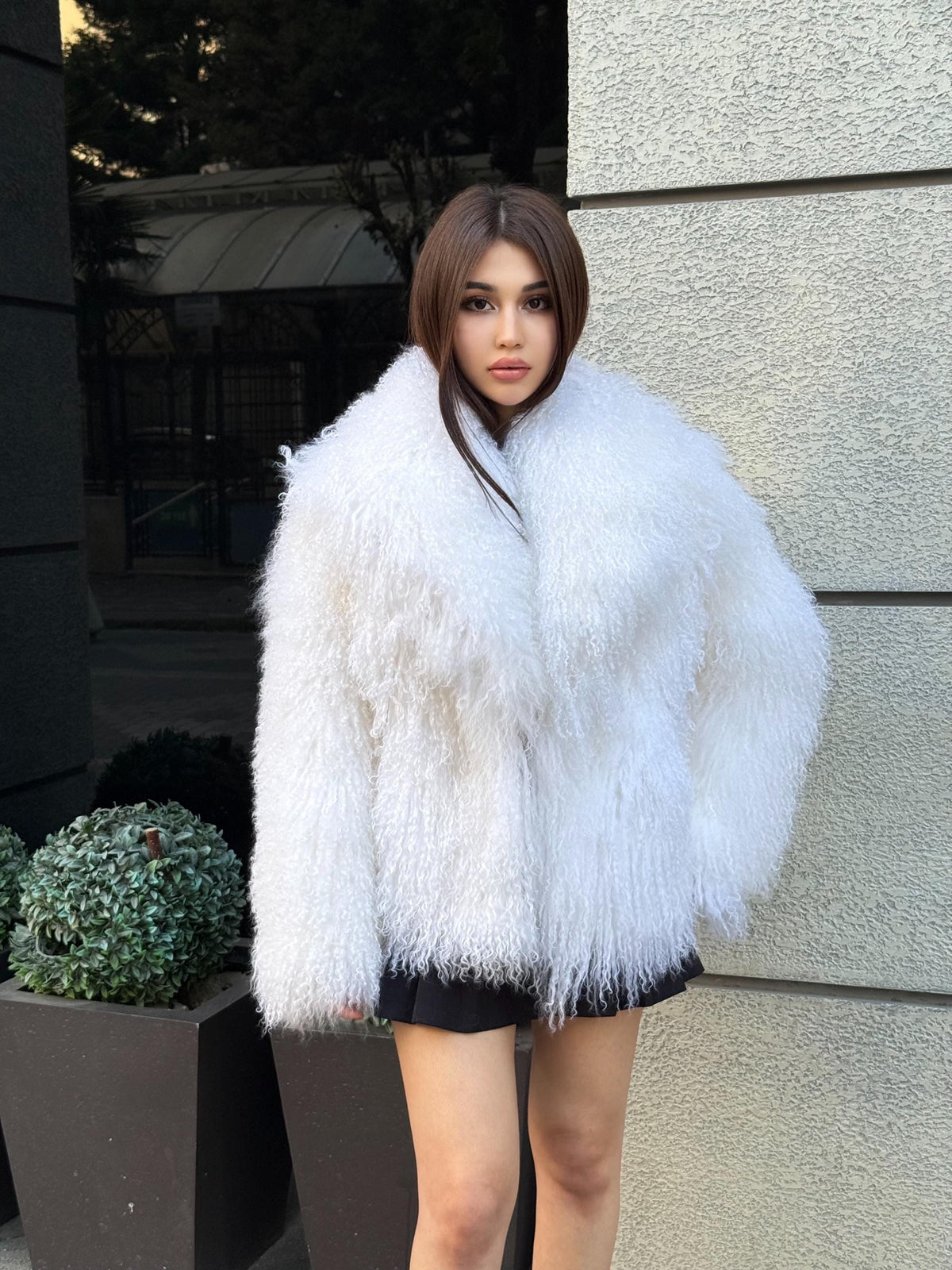 White Tibetan Fur Coat, Women’s Handmade Shaggy Mongolian Lamb Fur Jacket
