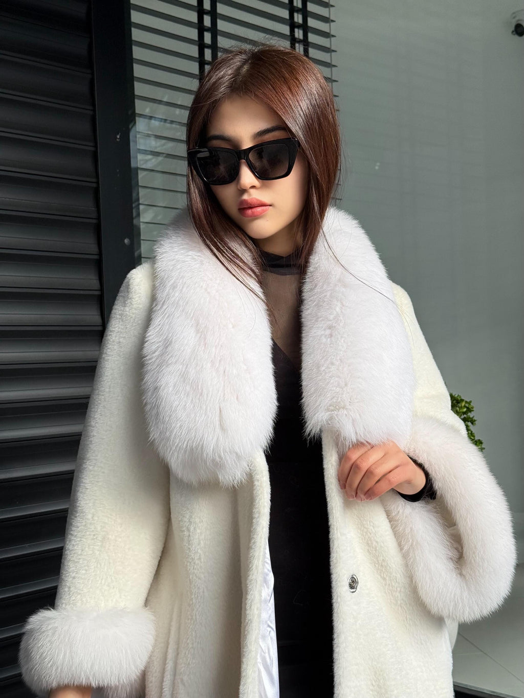 White Long Alcantara Coat, Collar Fox Fur Jacket… Shadow White Fox Fur Jacket, Women Fox Fur Coat