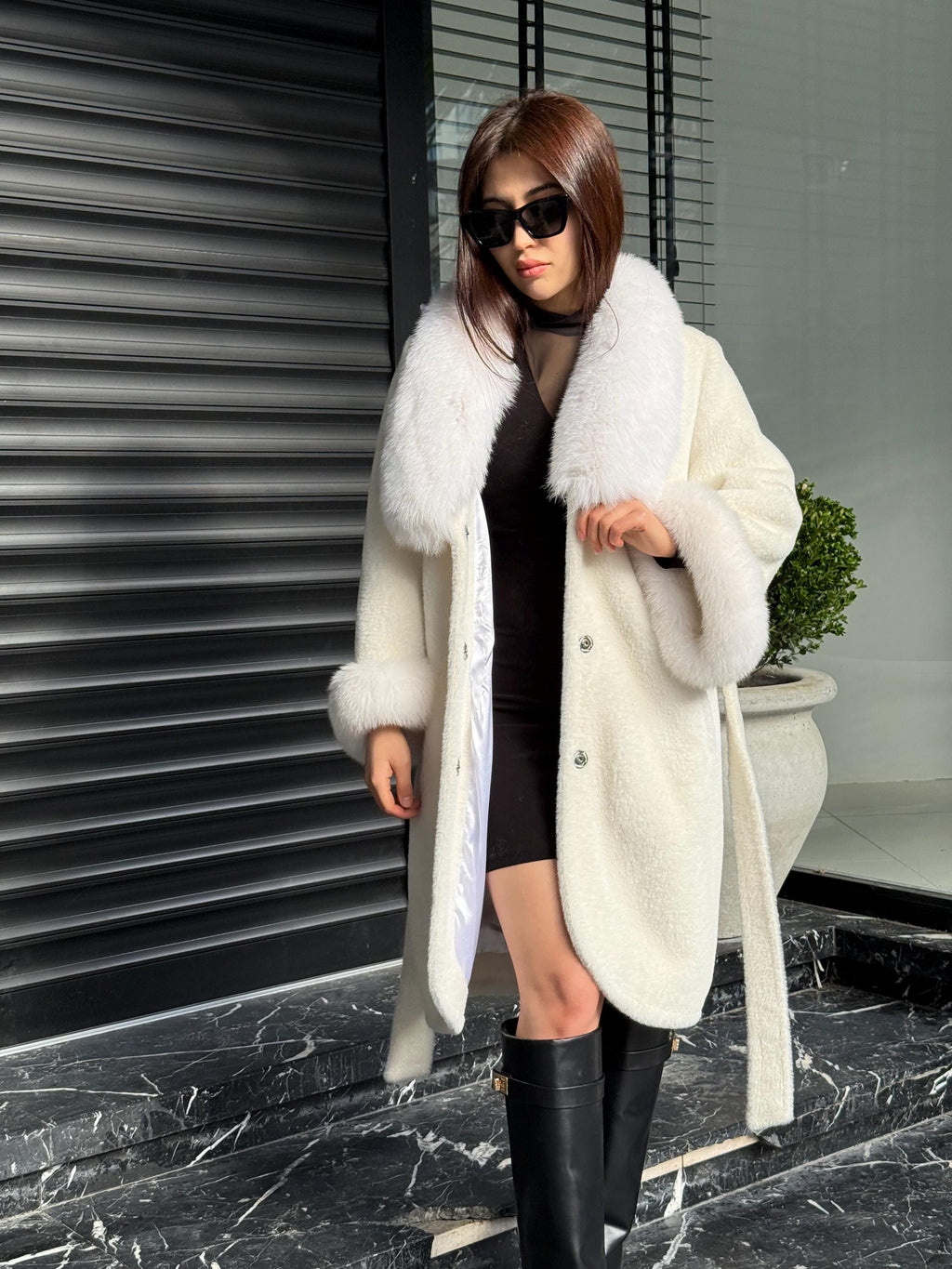White Long Alcantara Coat, Collar Fox Fur Jacket… Shadow White Fox Fur Jacket, Women Fox Fur Coat