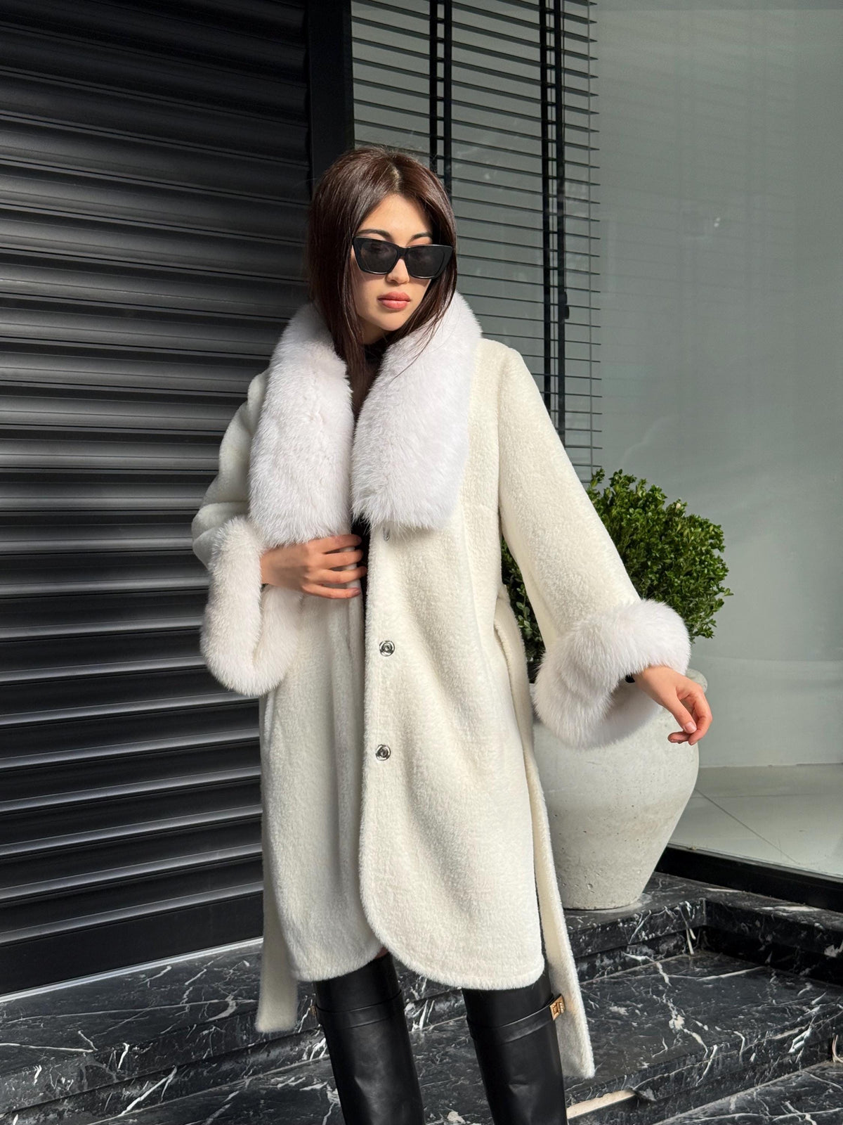 White Long Alcantara Coat, Collar Fox Fur Jacket… Shadow White Fox Fur Jacket, Women Fox Fur Coat