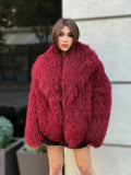 Burgundy Tibetan Fur Coat, Women’s Handmade Short Mongolian Shaggy Lamb Fur Jacket