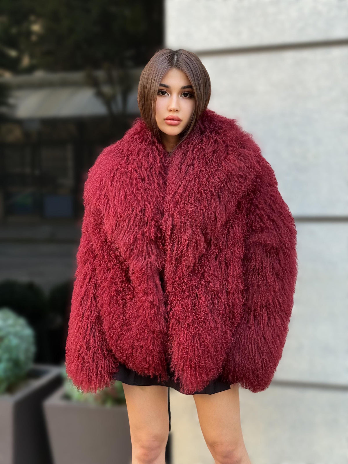 Burgundy Tibetan Fur Coat, Women’s Handmade Short Mongolian Shaggy Lamb Fur Jacket