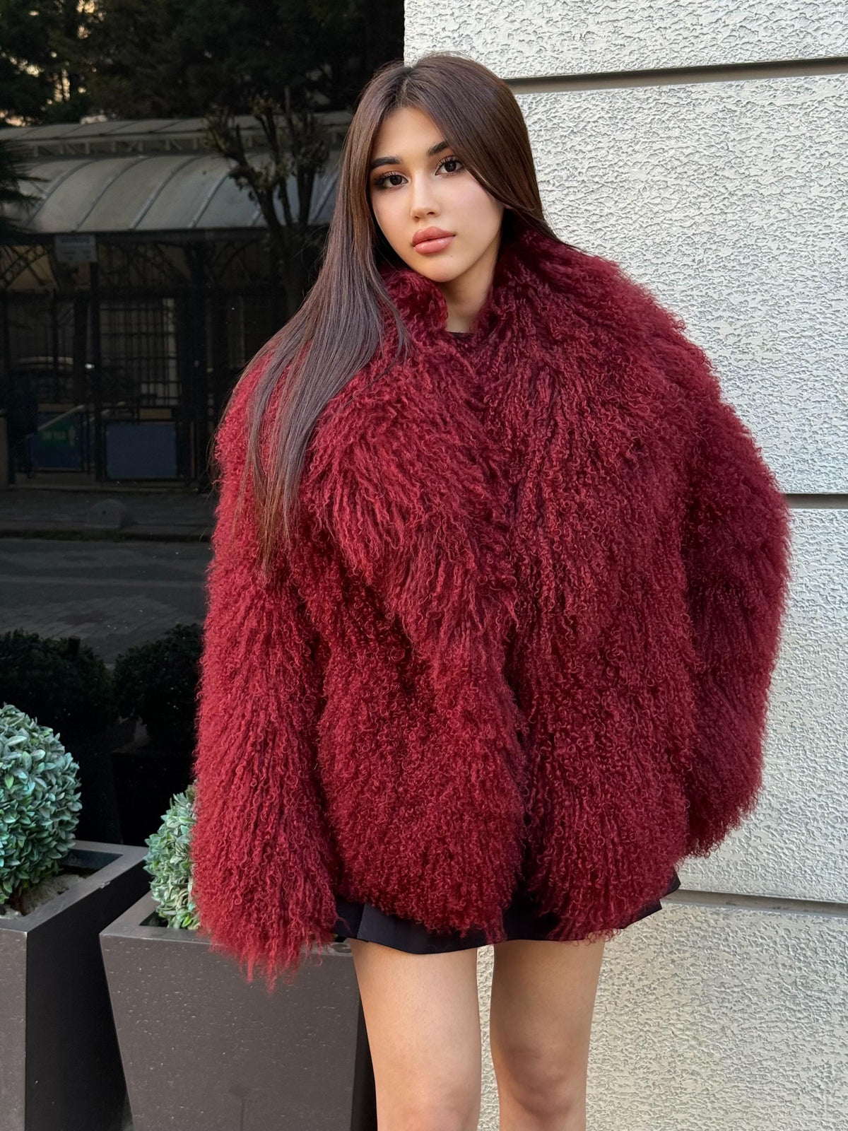 Burgundy Tibetan Fur Coat, Women’s Handmade Short Mongolian Shaggy Lamb Fur Jacket