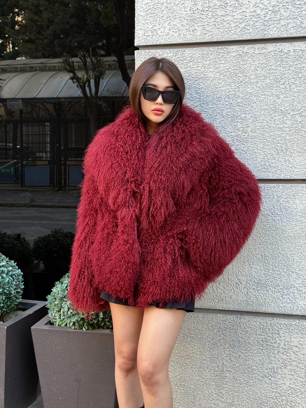 Burgundy Tibetan Fur Coat, Women’s Handmade Short Mongolian Shaggy Lamb Fur Jacket