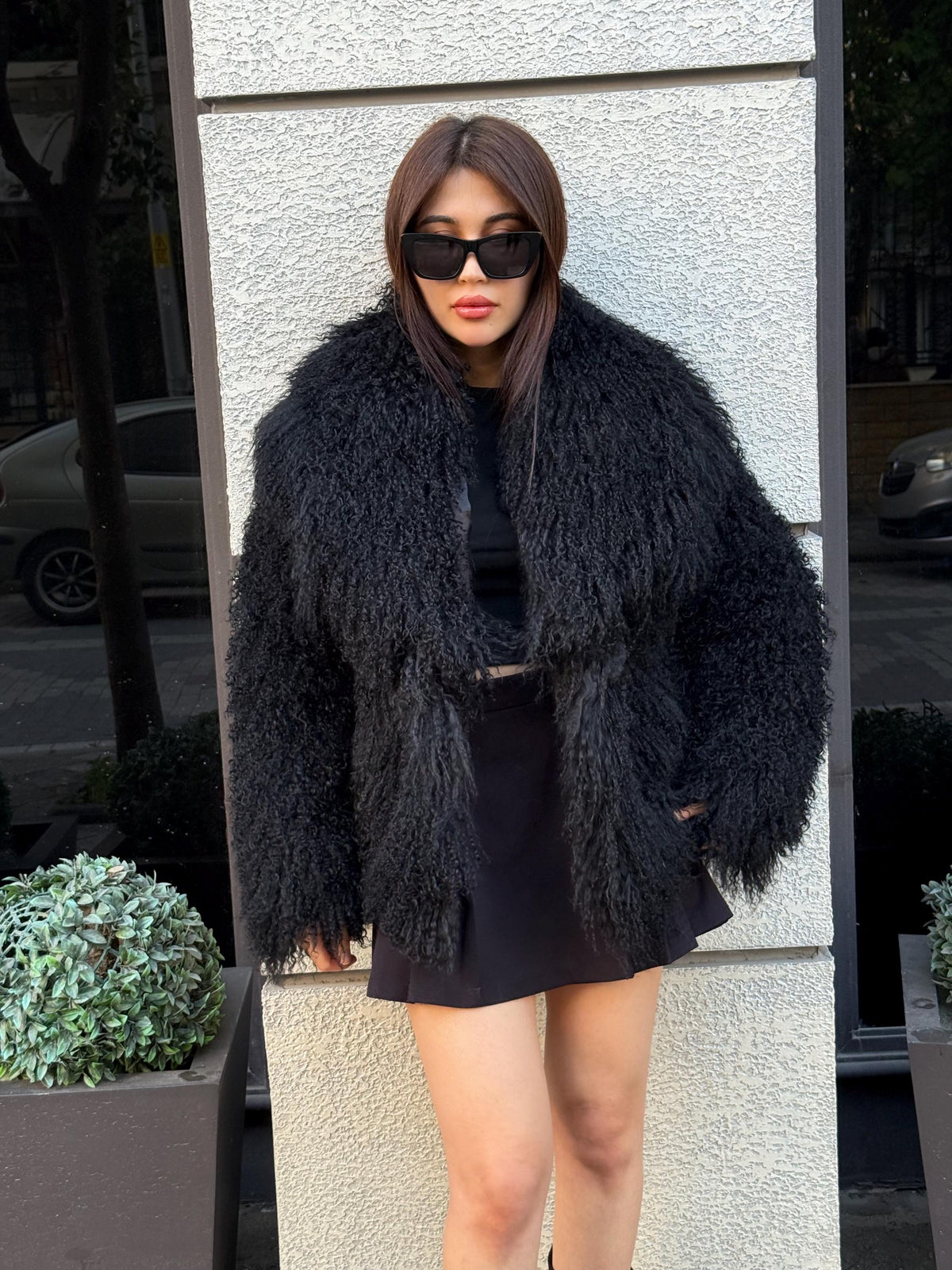 Women’s Black Tibetan Fur Coat, Handmade Luxury Shaggy Mongolian Lamb Fur Jacket