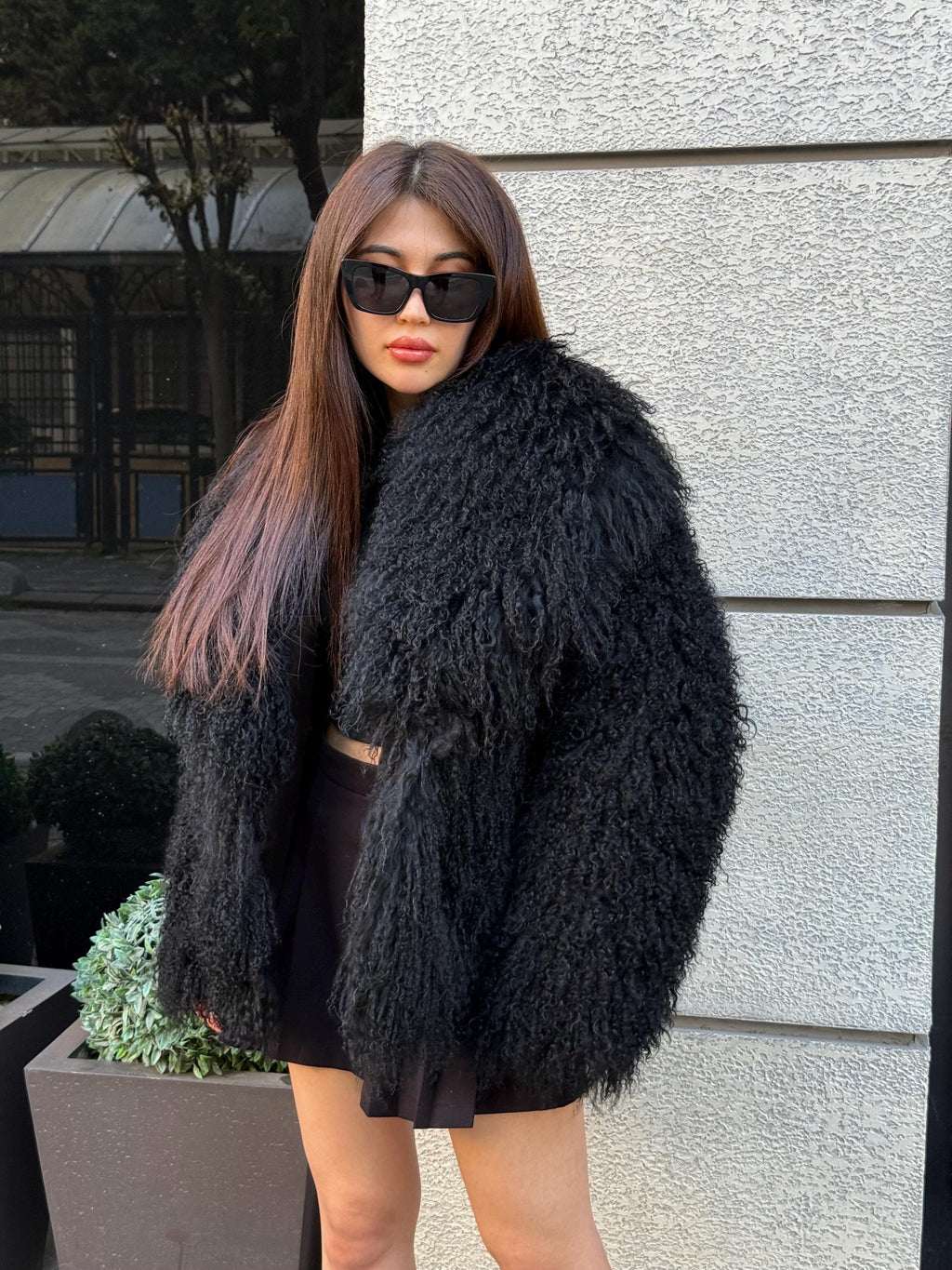 Women’s Black Tibetan Fur Coat, Handmade Luxury Shaggy Mongolian Lamb Fur Jacket