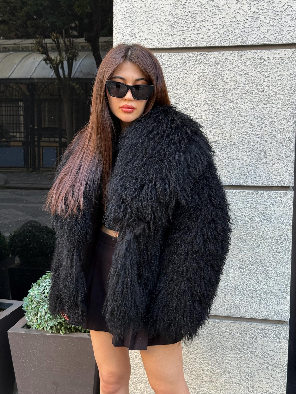 Women’s Black Tibetan Fur Coat, Handmade Luxury Shaggy Mongolian Lamb Fur Jacket