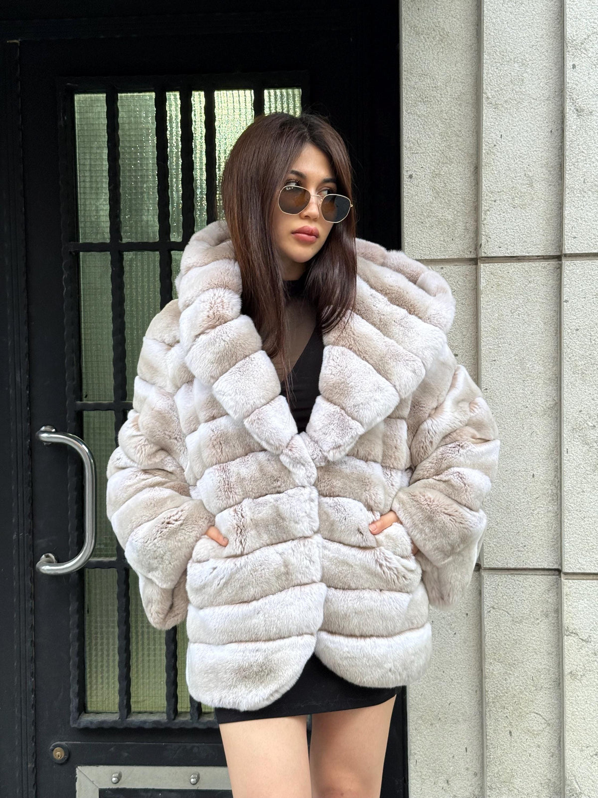 Women’s Beige Rex Fur Jacket, Luxury Handmade Short Rabbit Fur Coat