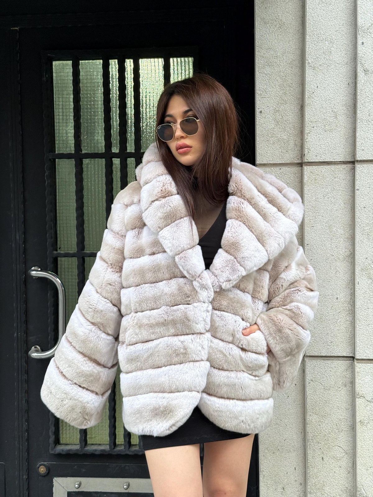 Women’s Beige Rex Fur Jacket, Luxury Handmade Short Rabbit Fur Coat