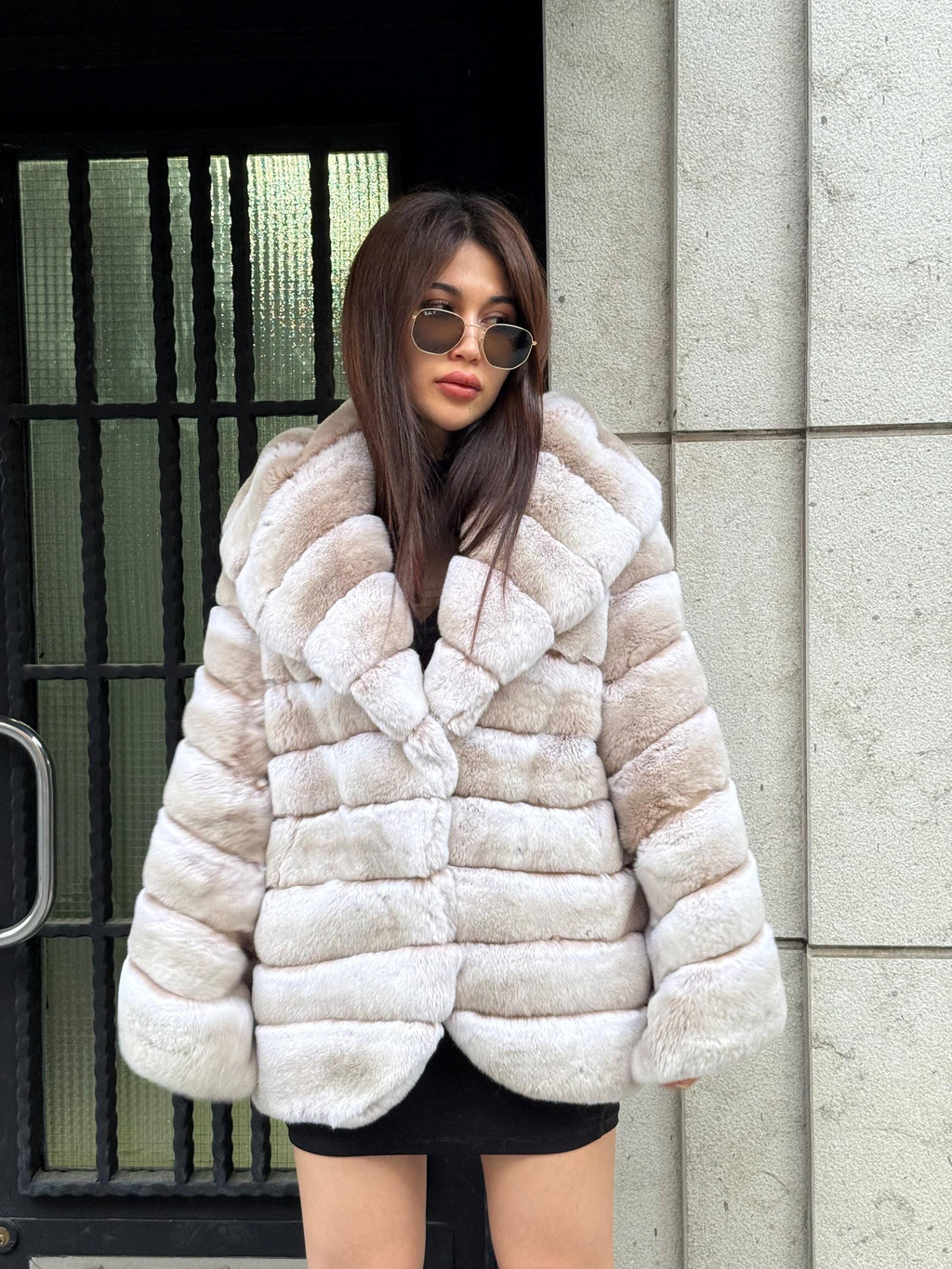 Women’s Beige Rex Fur Jacket, Luxury Handmade Short Rabbit Fur Coat