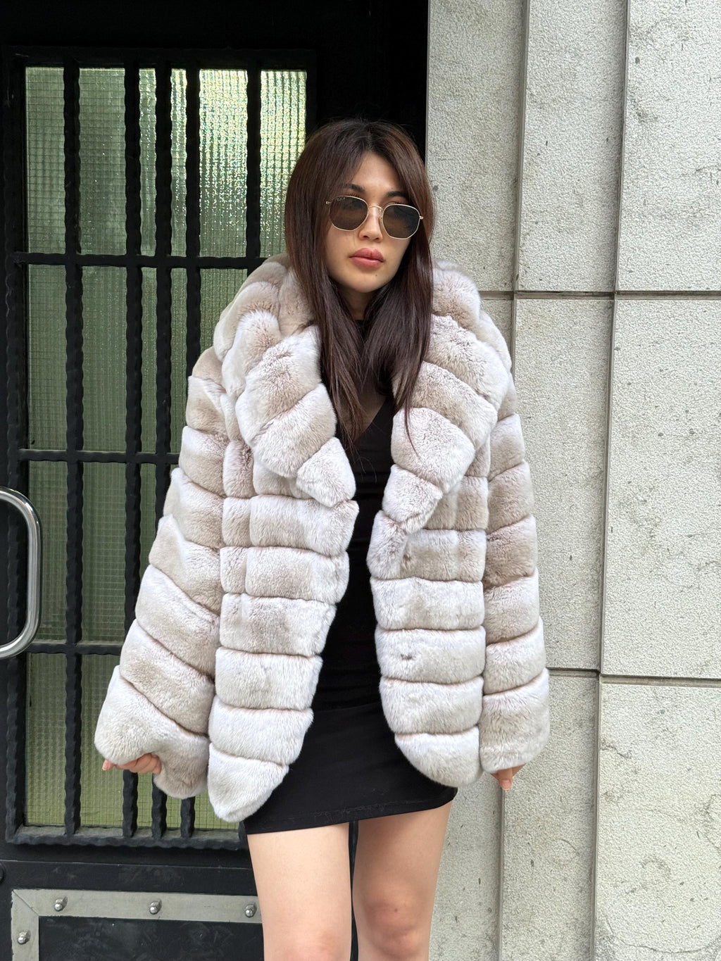 Women’s Beige Rex Fur Jacket, Luxury Handmade Short Rabbit Fur Coat