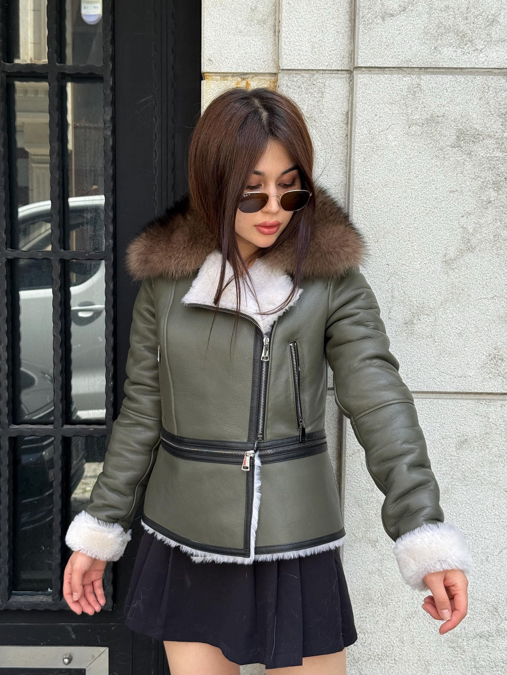 Khaki Shearling Coat Women | 2-in-1 Cropped & Full Sheepskin Jacket | Handmade Winter Fox Fur Collar Coat | Luxury Lamb Fur Transformer