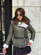 Khaki Shearling Coat Women | 2-in-1 Cropped & Full Sheepskin Jacket | Handmade Winter Fox Fur Collar Coat | Luxury Lamb Fur Transformer