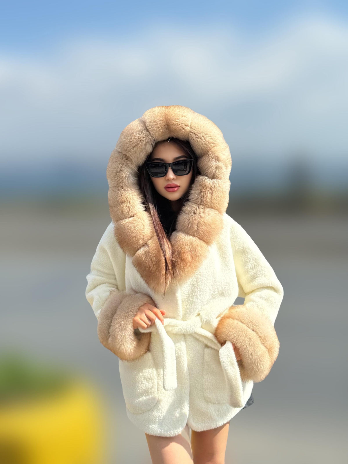 Luxury White Alcantara Cape Coat with Fox Fur Hood & Cuffs | Women’s Beige Winter Fox Fur Jacket