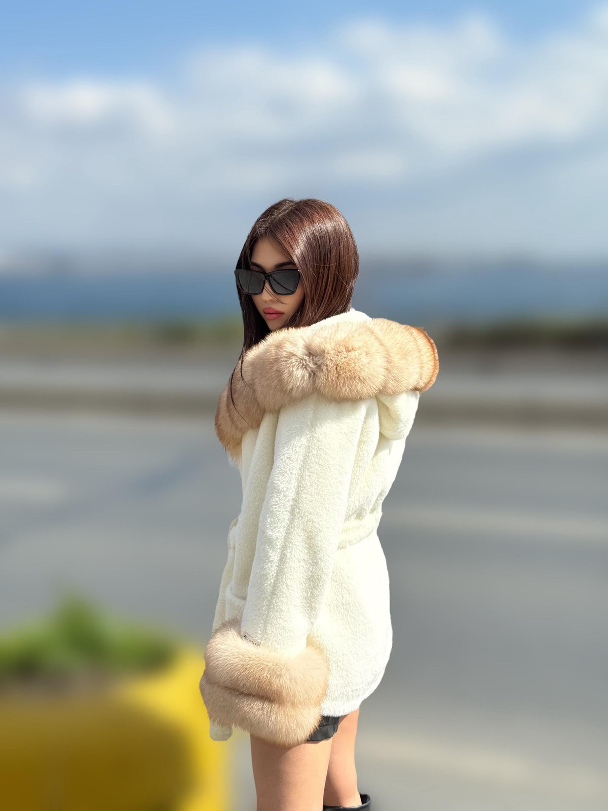 Luxury White Alcantara Cape Coat with Fox Fur Hood & Cuffs | Women’s Beige Winter Fox Fur Jacket